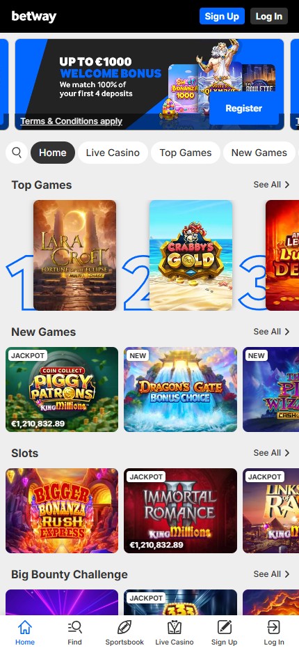 Betway Casino mobile home