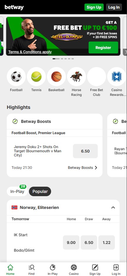Betway Casino mobile lobby